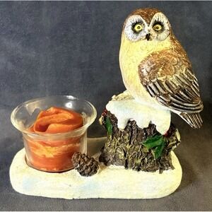 Snow Owl Tealight Candle Holder Figurine Tree Stump Woodland Winter Decor